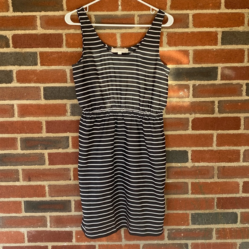 LOFT Women's Dress Scoop Neck Elastic Waist Black & White Stripe New Size S